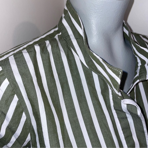 J Jill Button Down Shirt popover banded Mandarin collar cotton green stripe XS - Picture 2 of 10